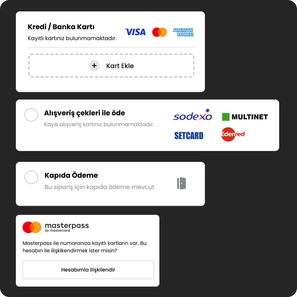 Ön provizyonlu kredi kartları, yemek kartları, debit kartlar, masterpass
